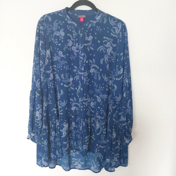Vince Camuto High Low Paisley Print Long Sleeve Button Down Tunic Blouse - Picture 1 of 11